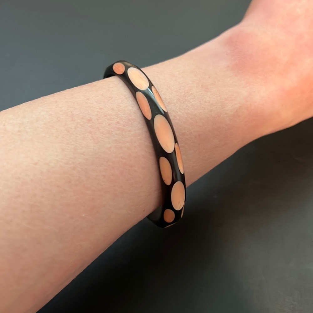 Vintage Plastic Bangle Bracelet, Black, Carved Pink Polka Dots, Retro, Boho